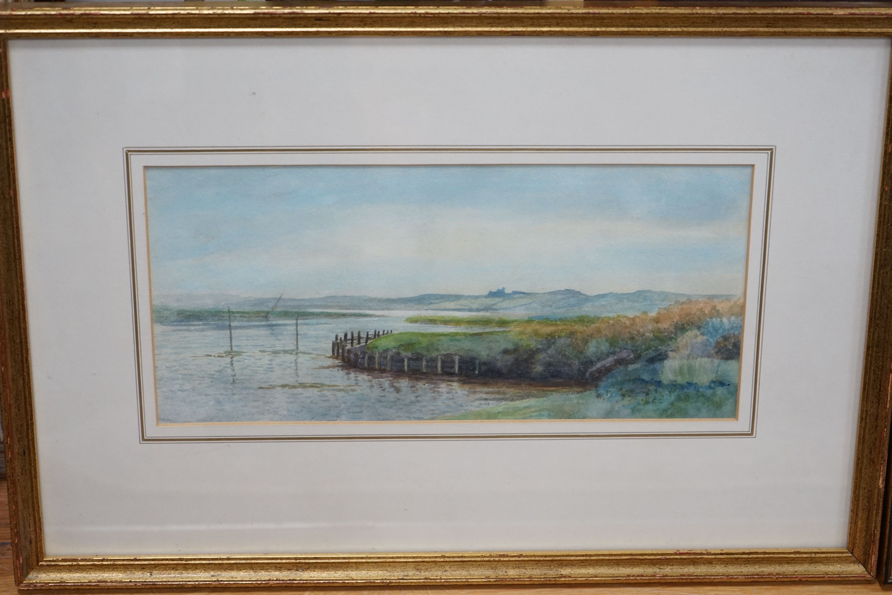 Charles Saunders, watercolour, 'Creek', label verso, 15 x 34cm and another watercolour of a Mediterranean coastal scene, 17 x 28cm